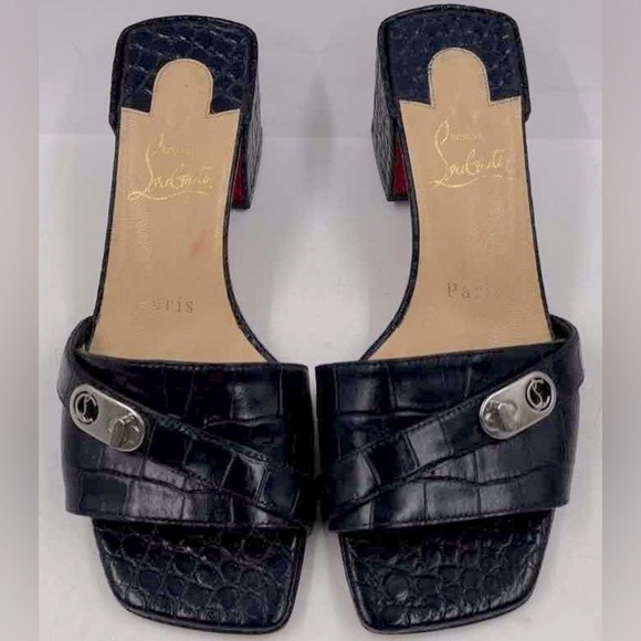 Louboutin Navy Lock Art Mule Heel Sandals - Picture 3 of 8